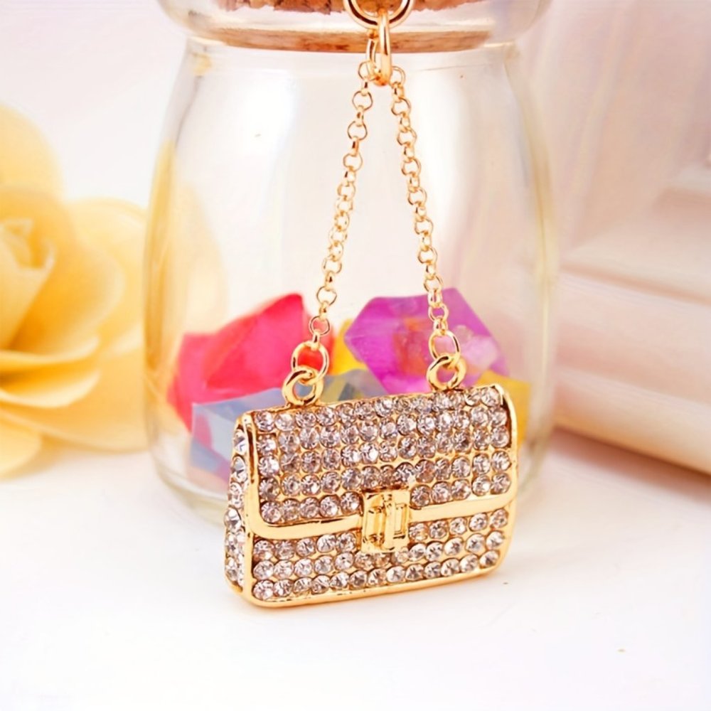 Rhinestone Decor Chain Bag Design Keychain Gorgeous Sparkling Metal Key Ring Bag
